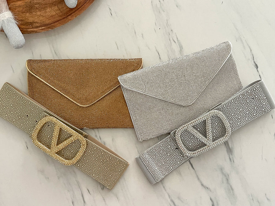 RHINESTONES V-BUCKLE ELASTIC BELT