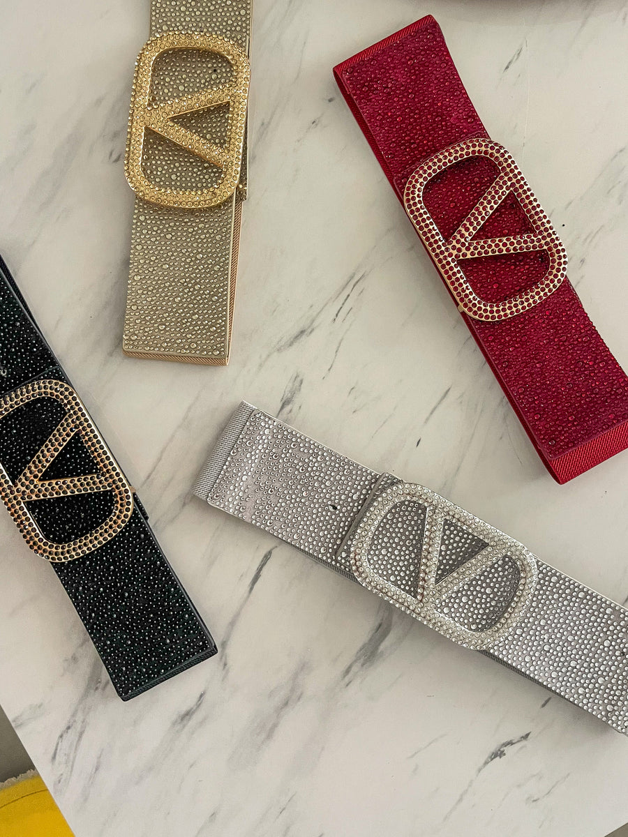 RHINESTONES V-BUCKLE ELASTIC BELT