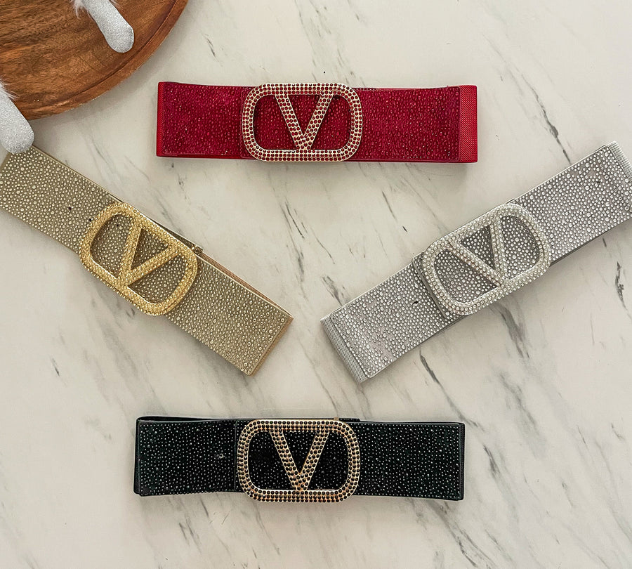 RHINESTONES V-BUCKLE ELASTIC BELT
