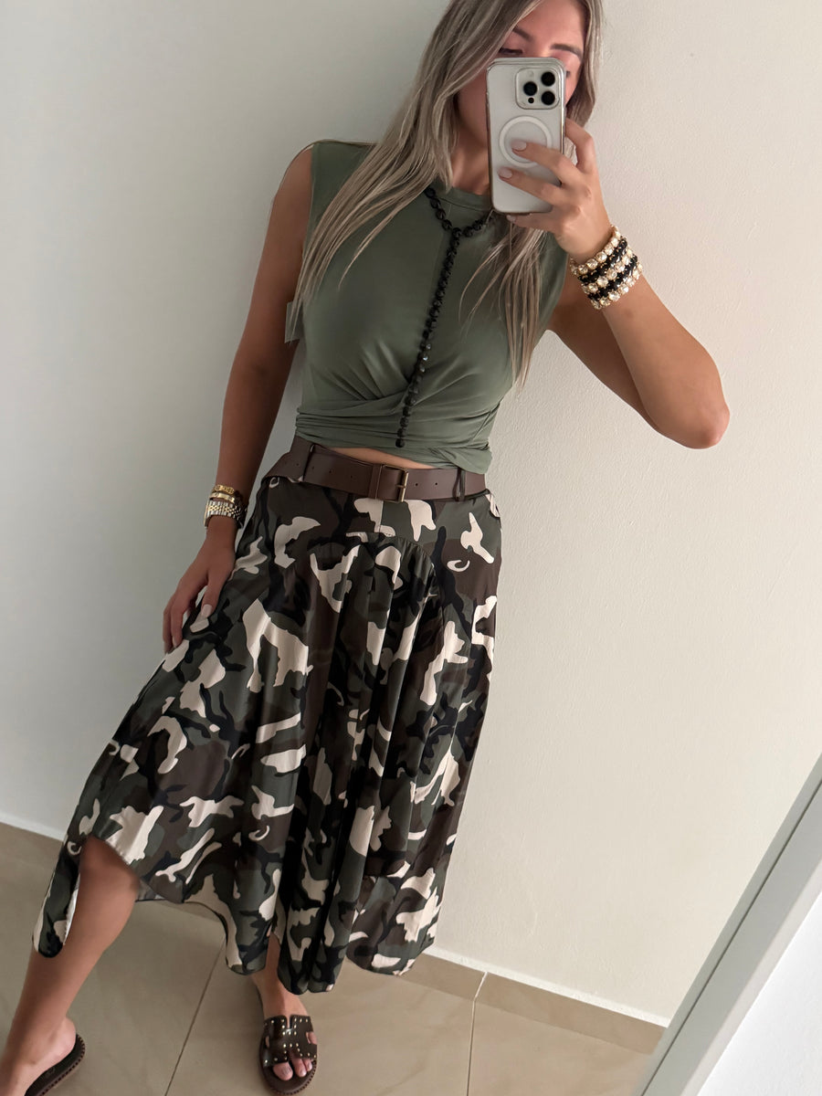 CAMO ASYMMETRIC BELTED SKIRT