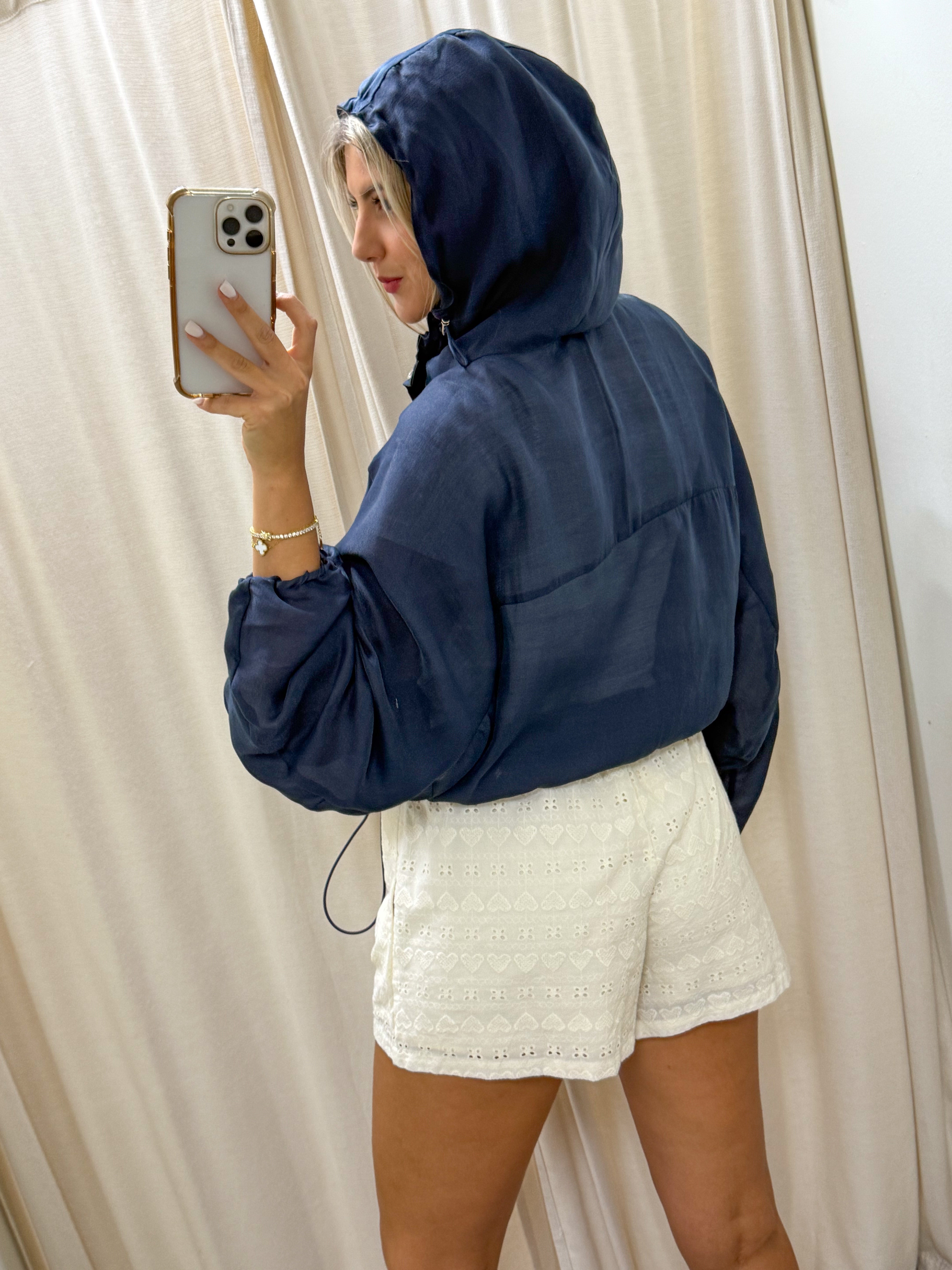 NAVY HOODED LIGHT WEIGHT BUTTON JACKET