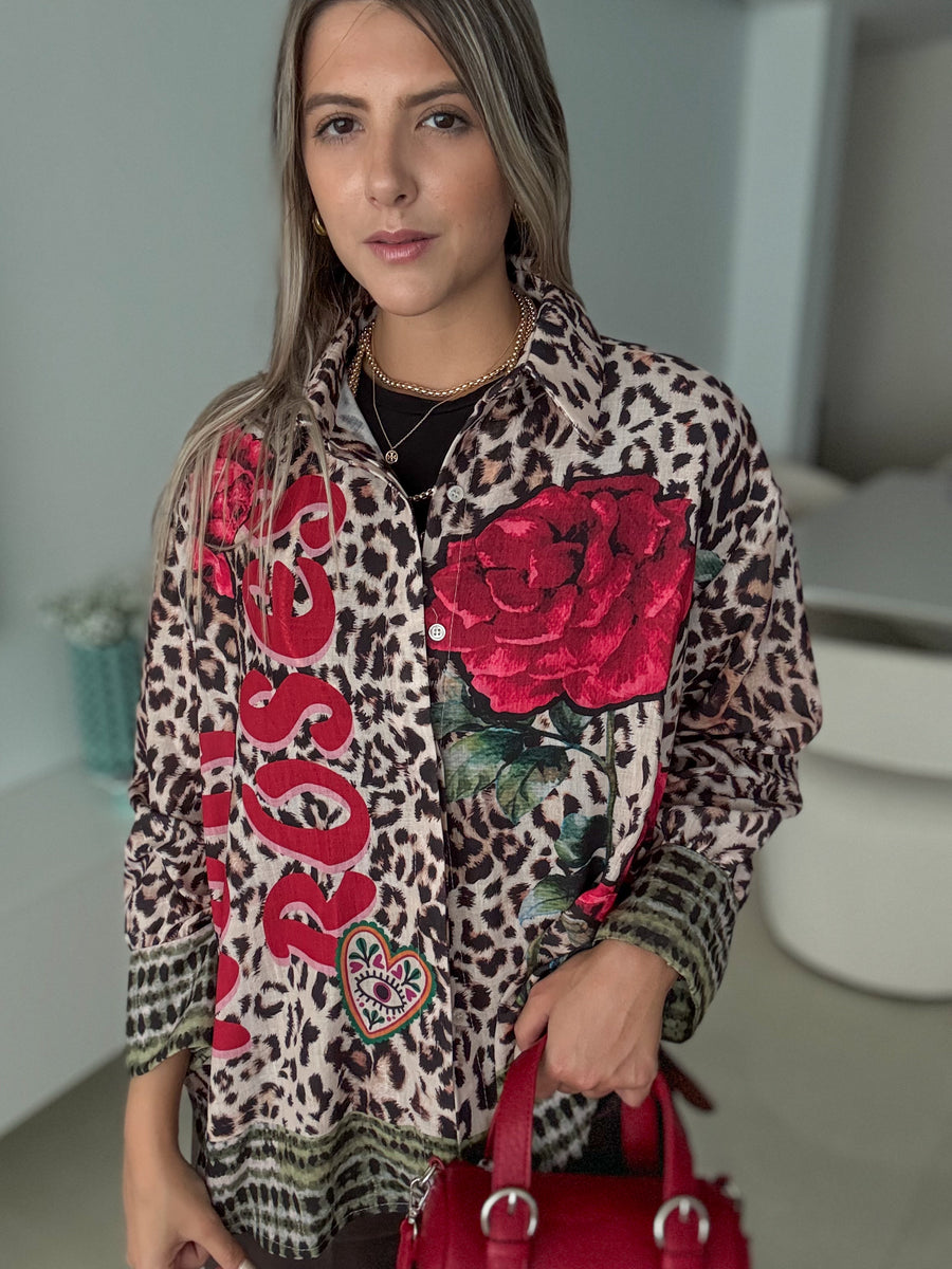 LEOPARD/RED FLOWER LEOPARD TUNIC BLOUSE