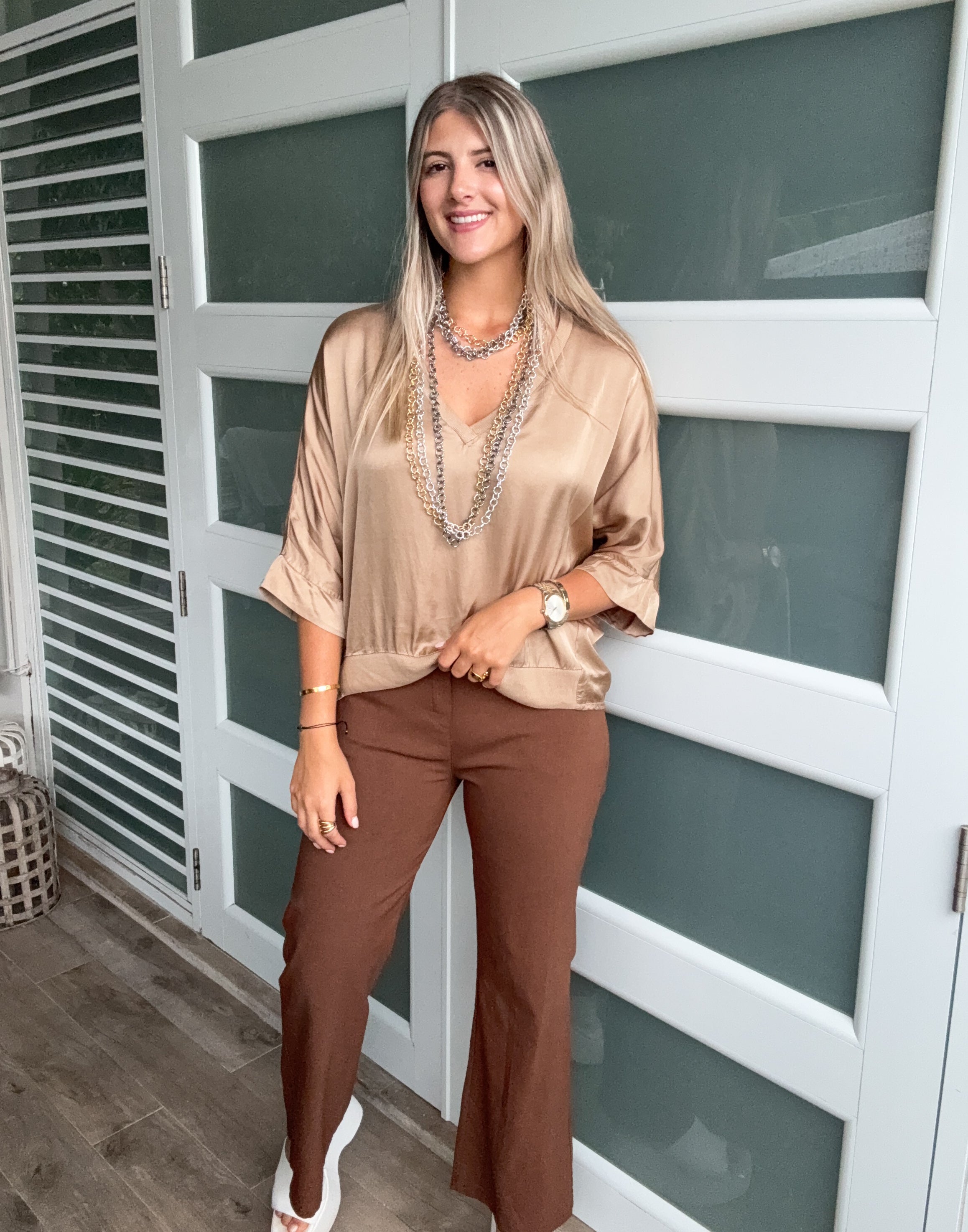 MOCHA 3/4 SLEEVES V-NECK SILKY BLOUSE