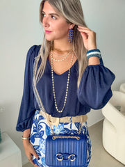 NAVY SILKY V-NECK BLOUSE