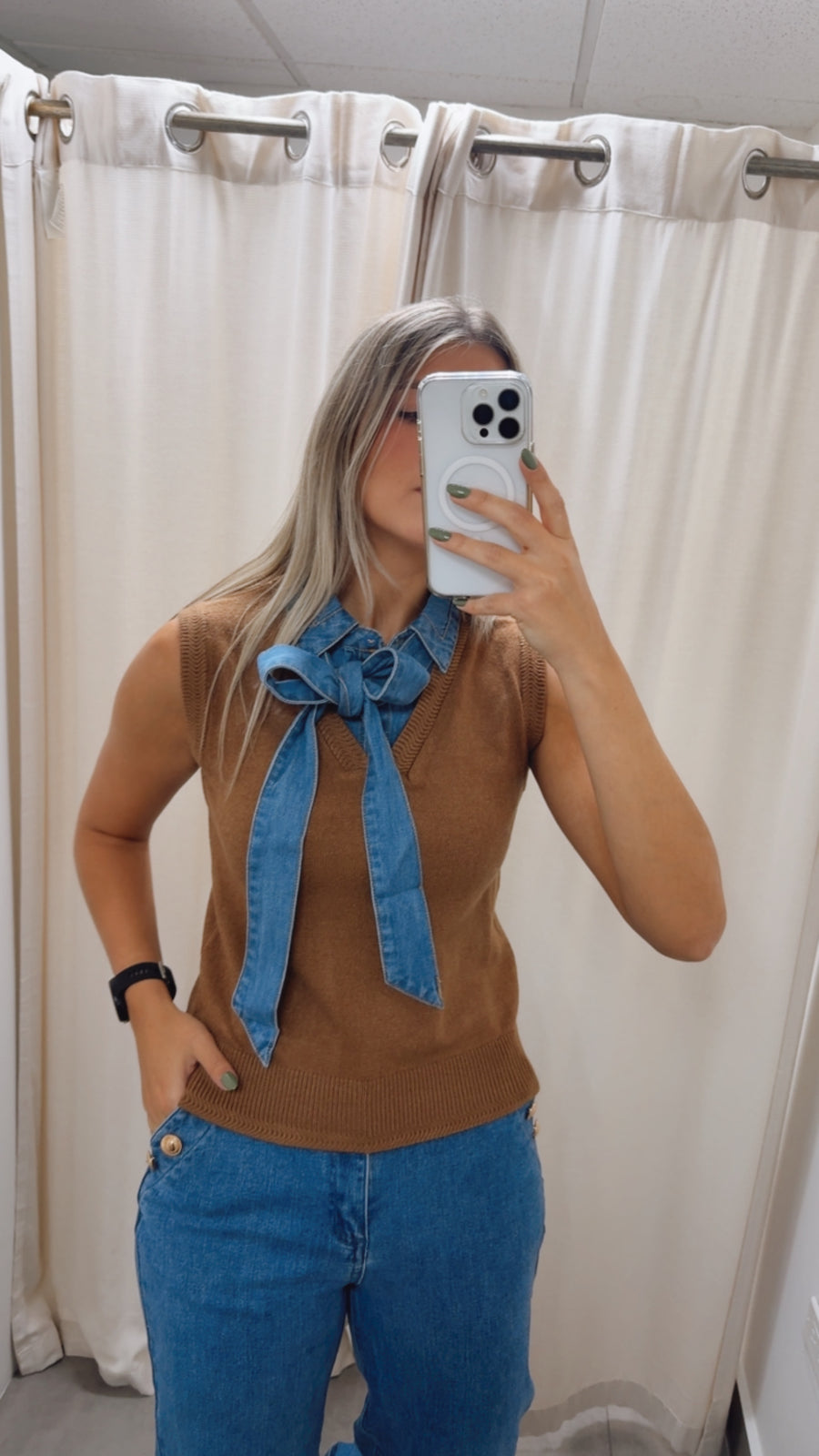 DENIM REMOVABLE TIE KNITTED TOP