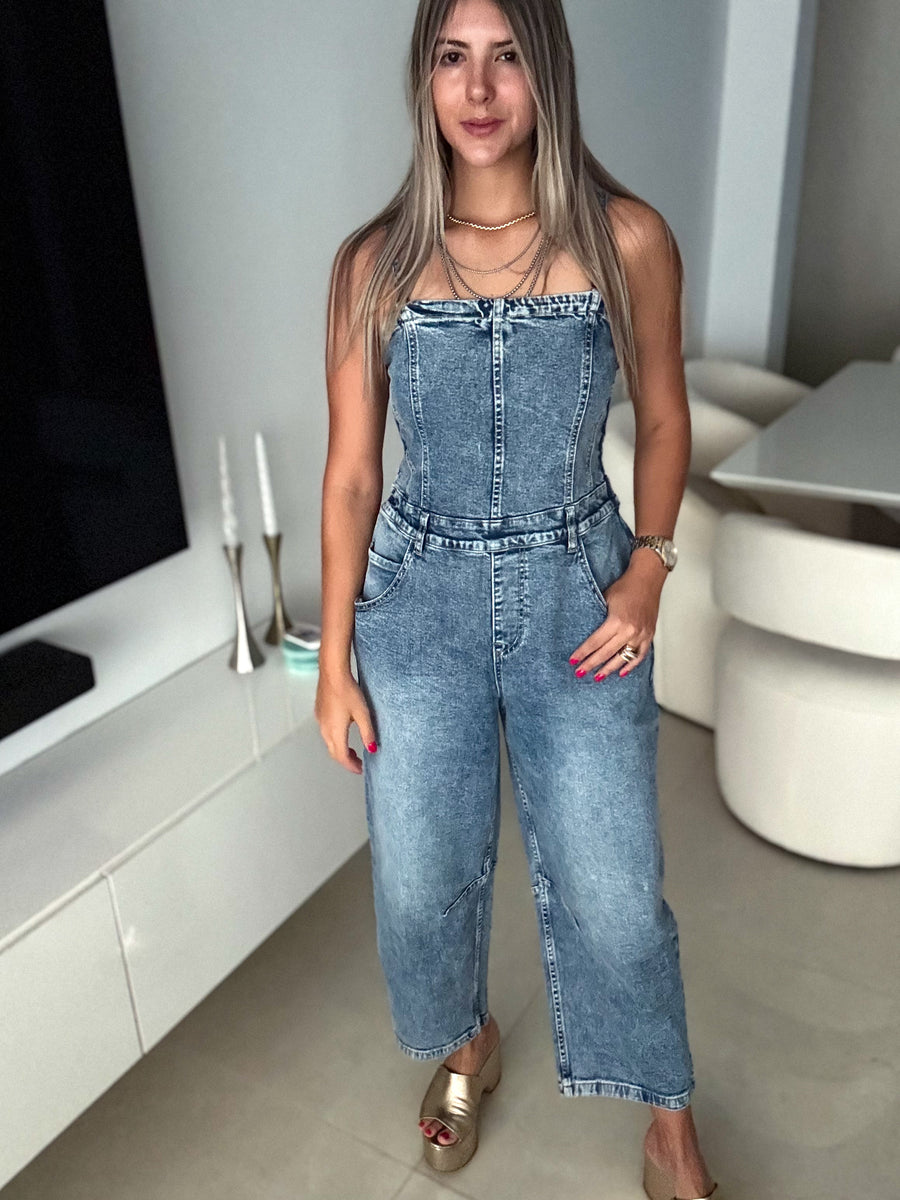 2-IN-1 DENIM STRETCH BARREL JUMPSUIT