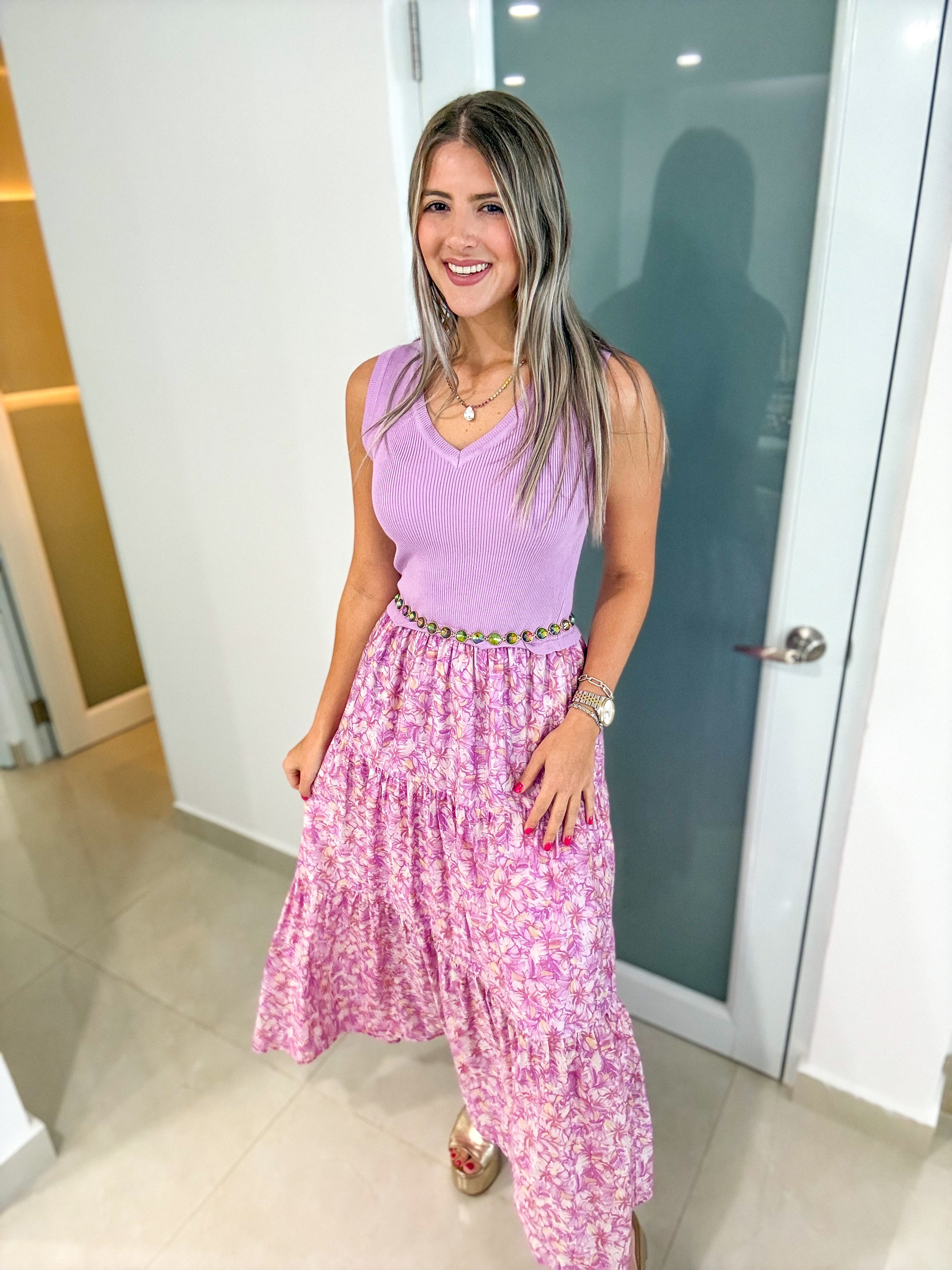 LILAC MIXED FABRIC TANK MIDI DRESS