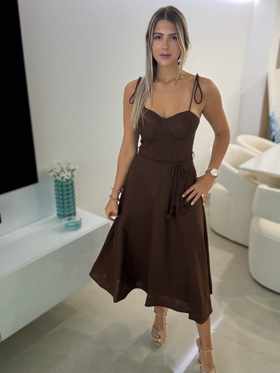 BROWN DREAMY BUSTIER MIDI DRESS