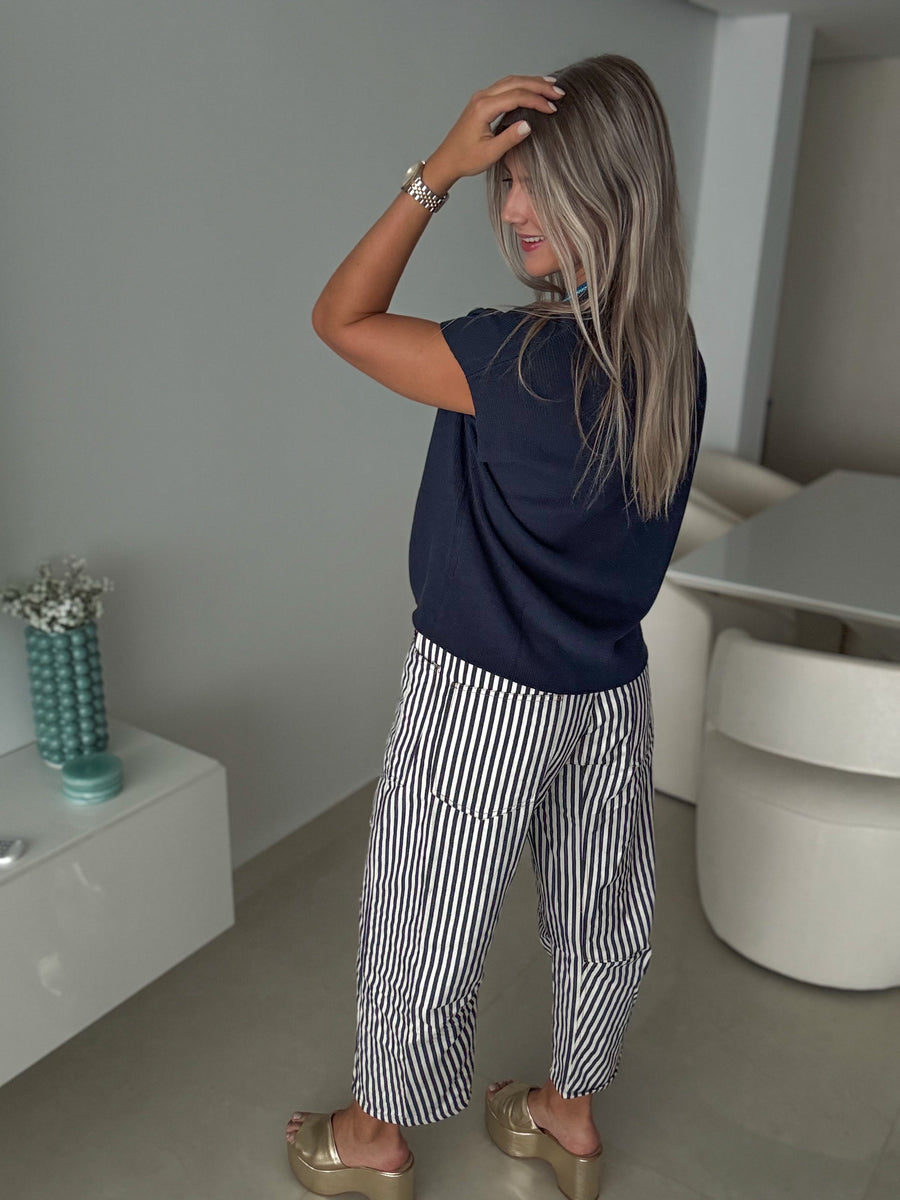 NAVY STRIPED BARREL JEANS