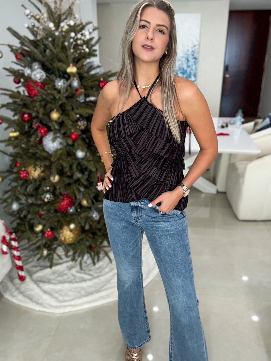 BLACK PLEATED HALTER BLOUSE