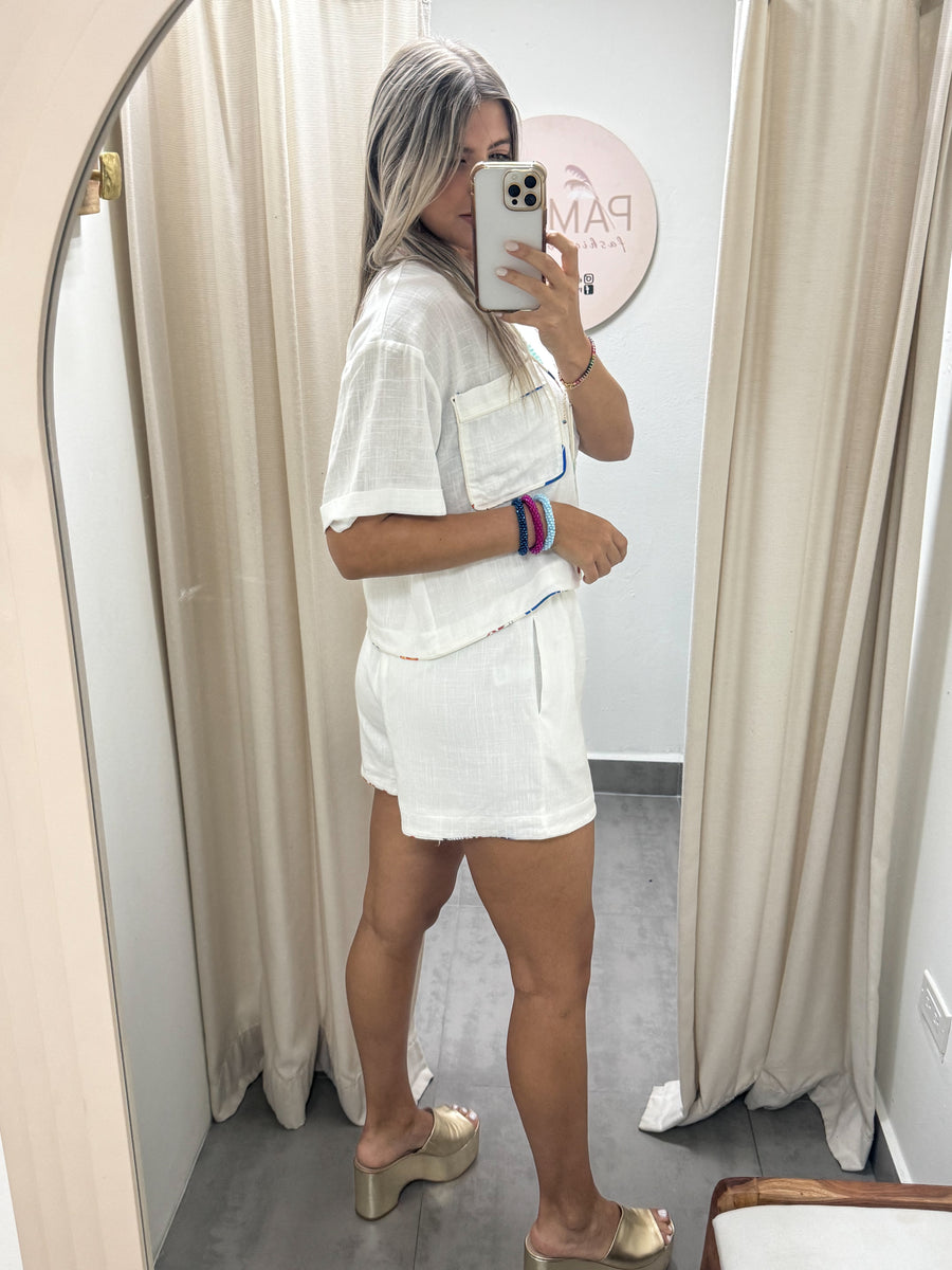 WHITE COLORFUL BORDER TOP & SHORTS SET