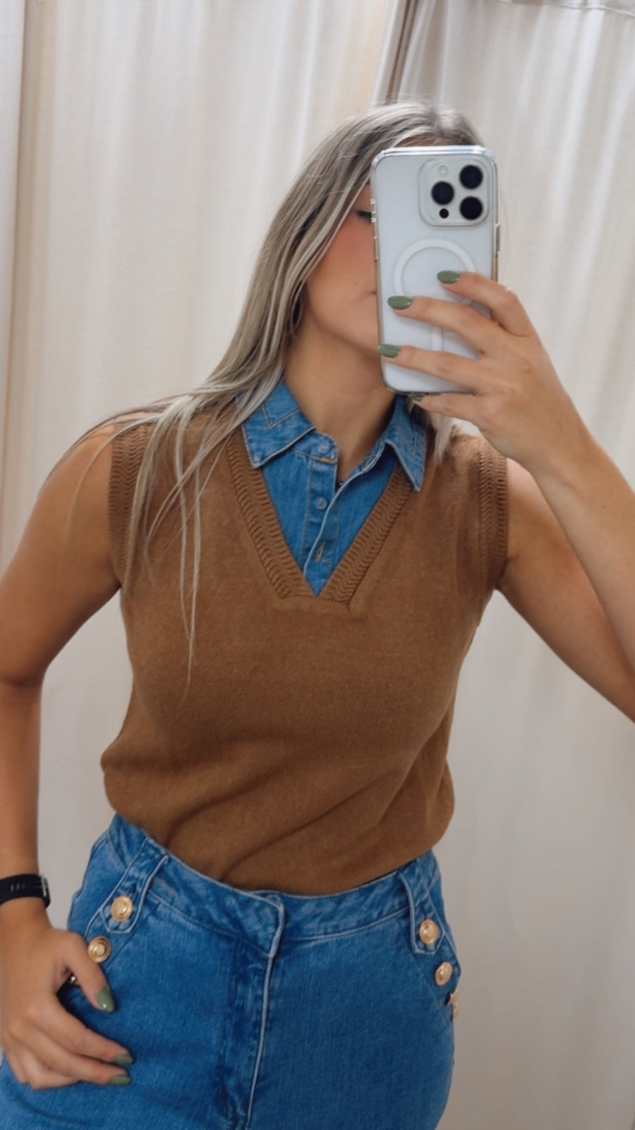 DENIM REMOVABLE TIE KNITTED TOP