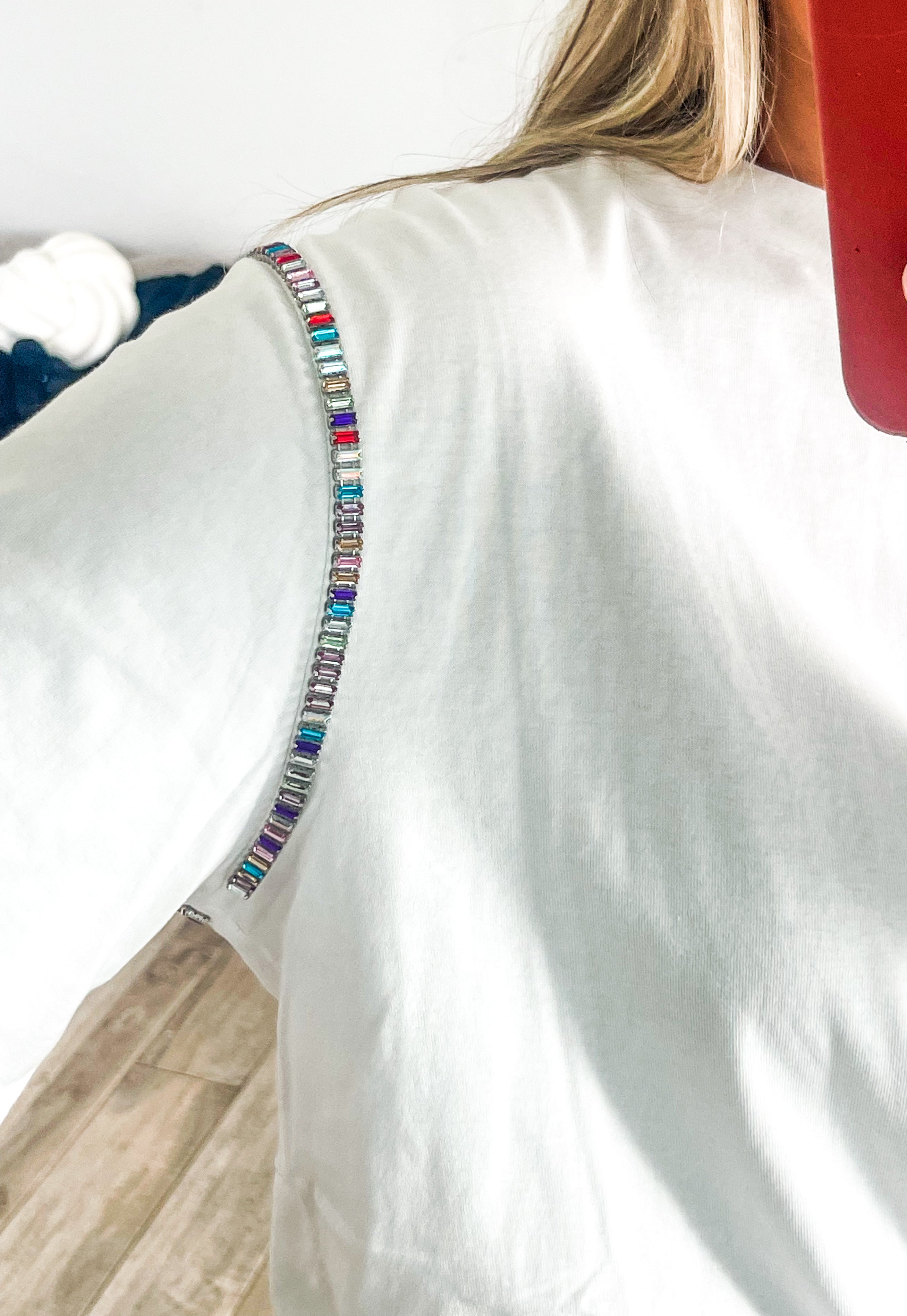 WHITE MULTICOLOR RHINESTONE TSHIRT