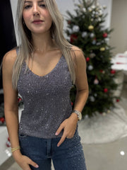 BLACK RHINESTONES KNITTED TANK TOP