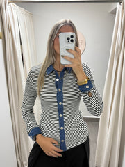BLACK STRIPED DENIM LONG SLEEVE TRIM TOP