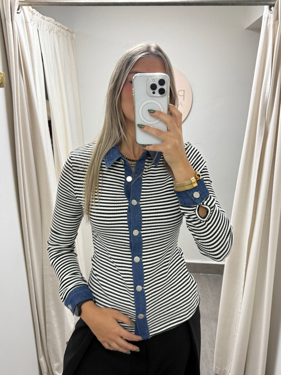BLACK STRIPED DENIM LONG SLEEVE TRIM TOP
