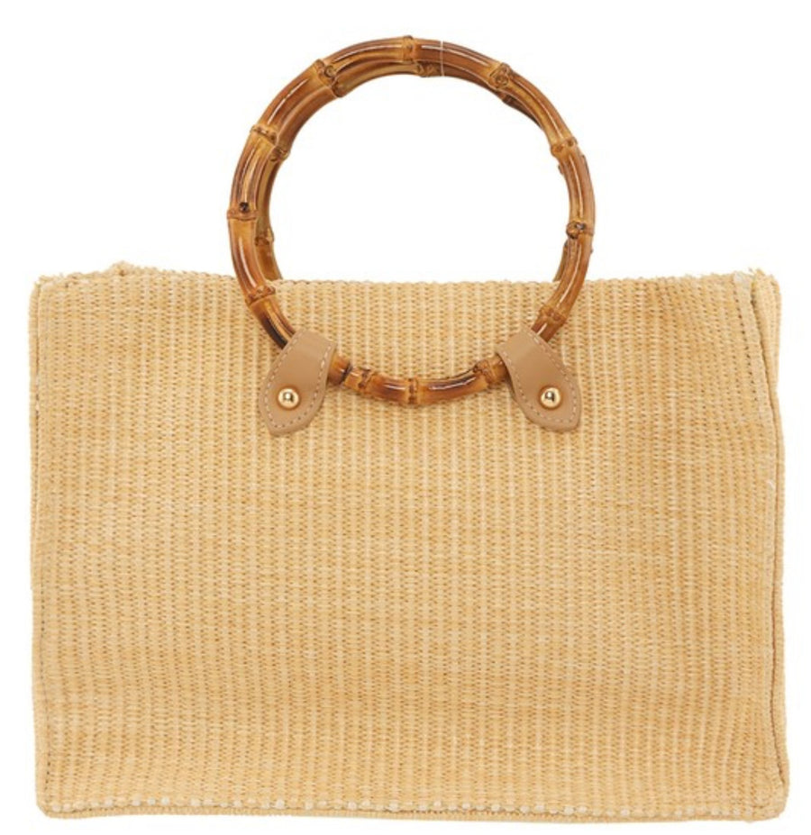 STUD EMBELLISHED STRAW WOODEN CROSSBODY BAG