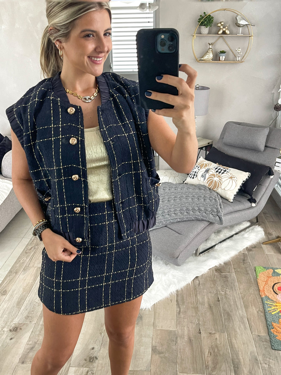 NAVY/GOLD TWEED SKIRT