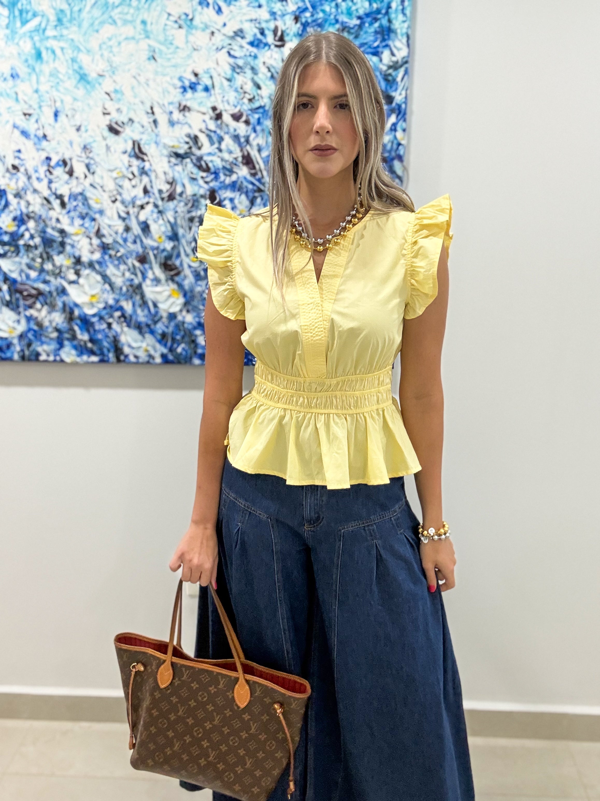 YELLOW V-NECK PEPLUM BLOUSE