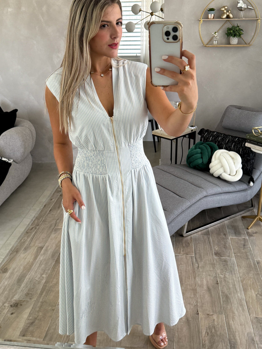 BLUE/WHITE STRIPED ZIPPER MIDI DRESS