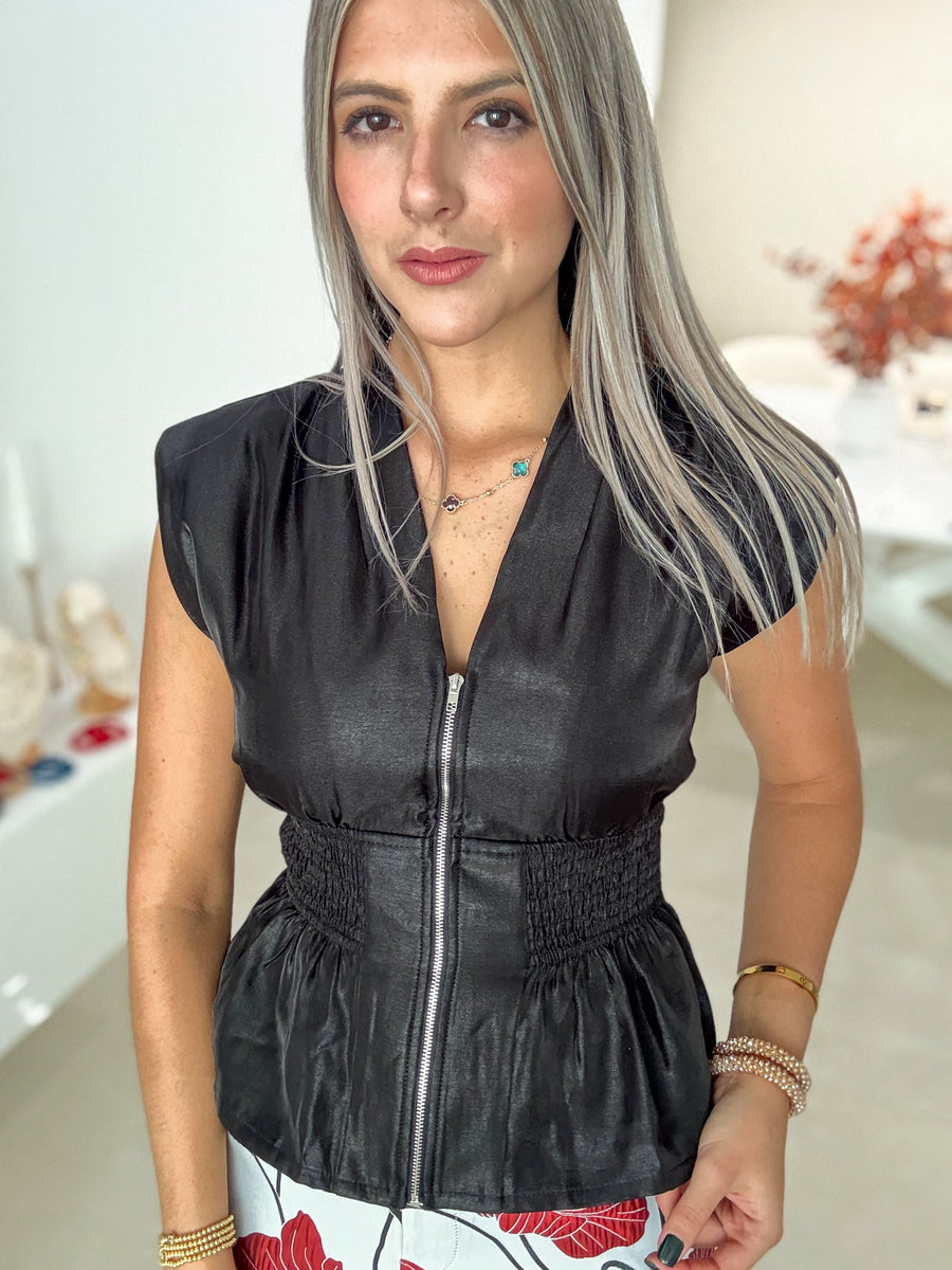 BLACK V-NECK SATIN ZIPPER BLOUSE