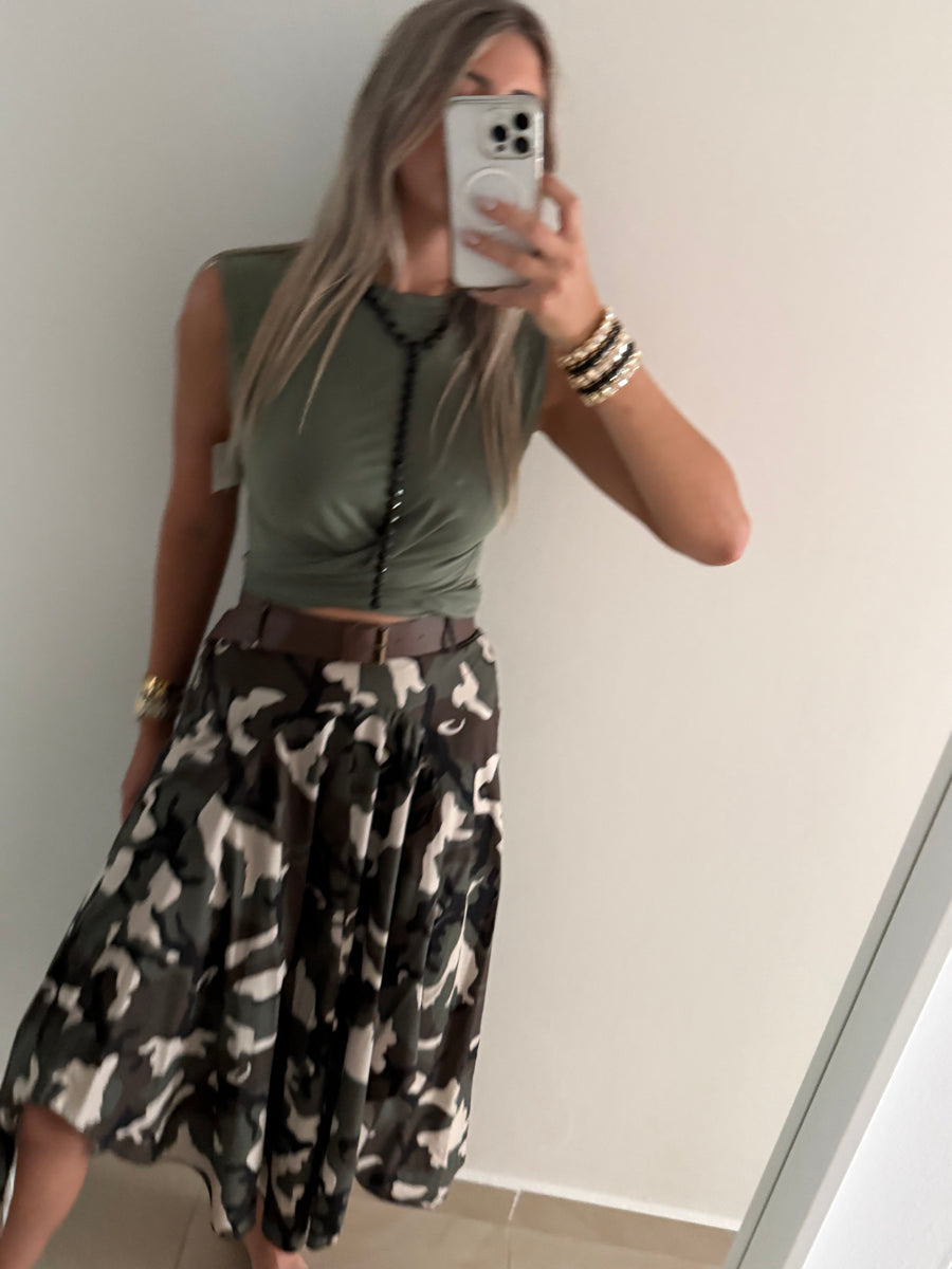 CAMO ASYMMETRIC BELTED SKIRT