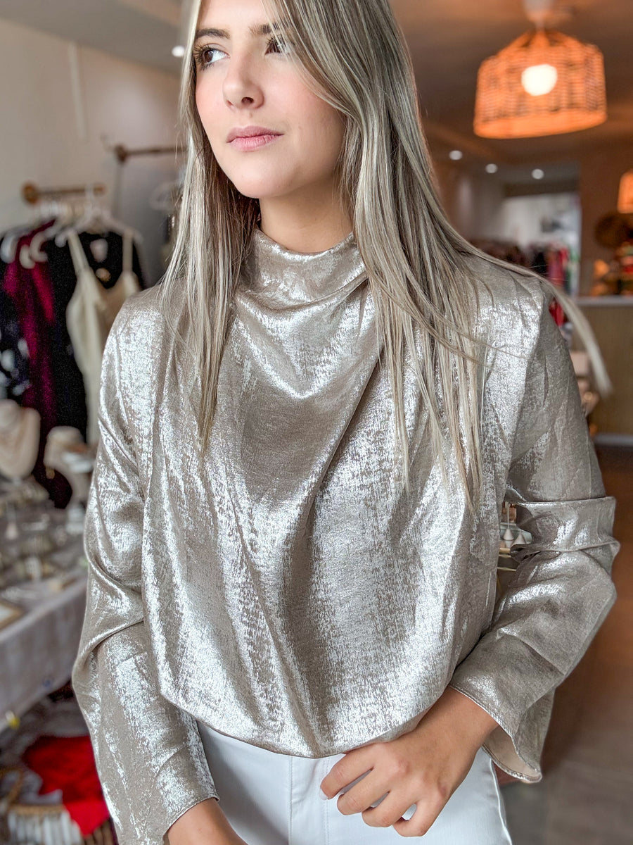 CHAMPAGNE SATIN L/S BLOUSE