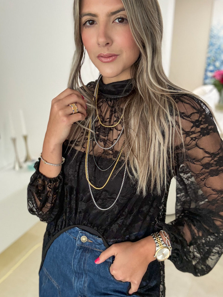 BLACK STRETCHY LACE HIGH LOW TOP