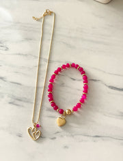 MAGENTA ELASTIC HEART BRACELET & NECKLACE SET