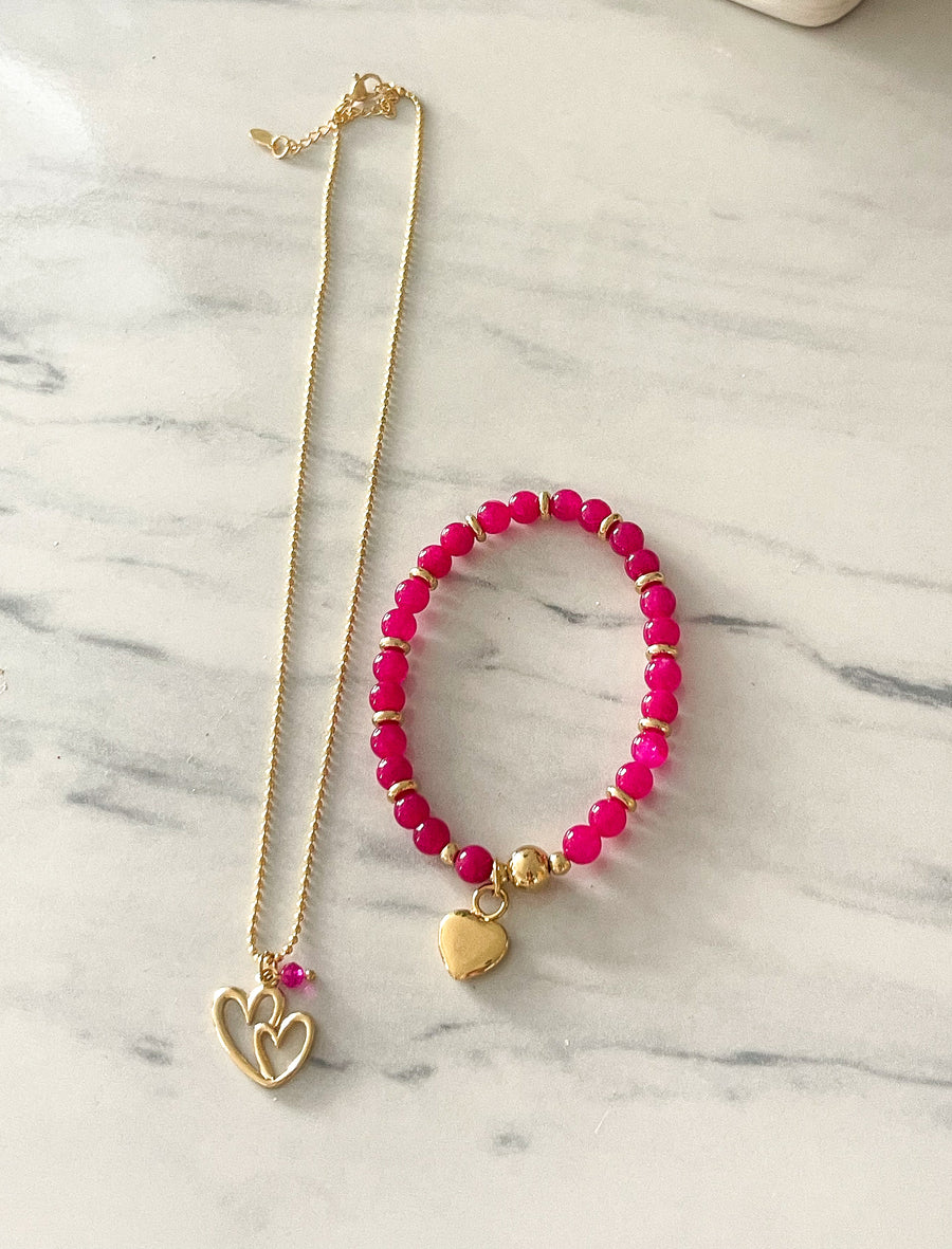 MAGENTA ELASTIC HEART BRACELET & NECKLACE SET