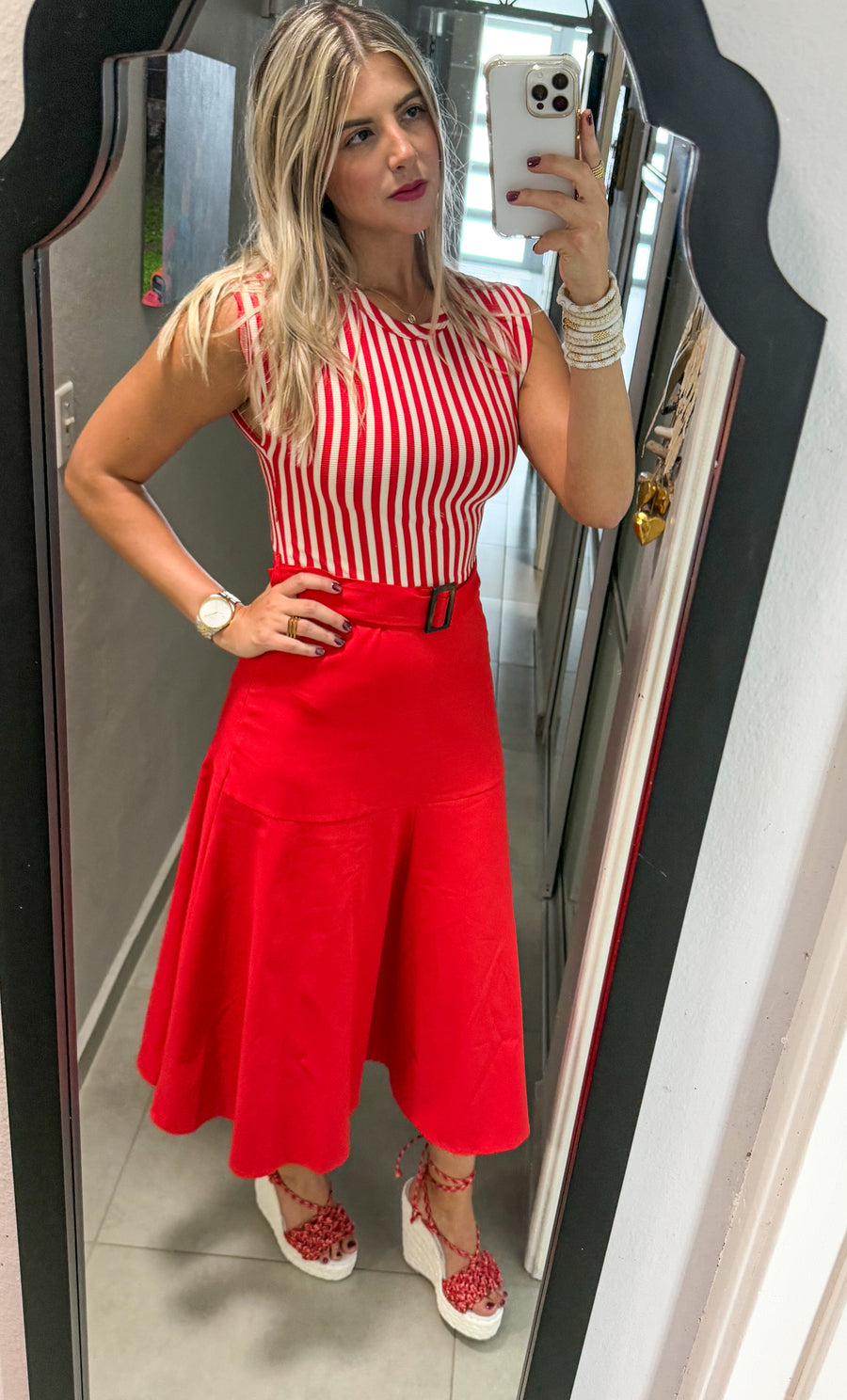 RED STRIPED BELTED DRESS