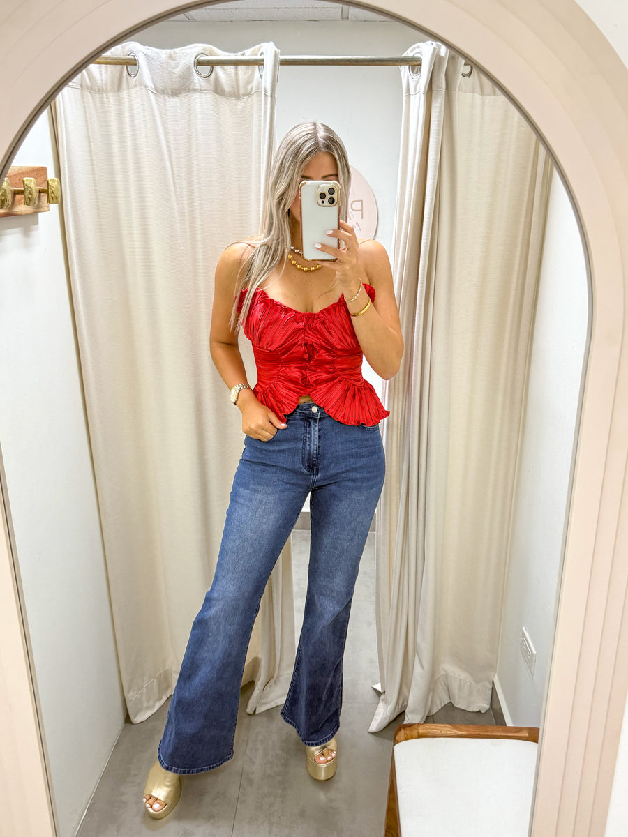 RED SATIN RUFFLED BLOUSE