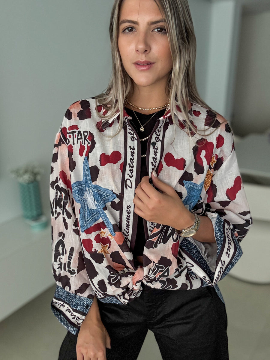 BURGUNDY LEOPARD/STAR TUNIC BLOUSE