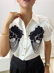 WHITE BLACK DETAILED TOP & BLACK PANT SET