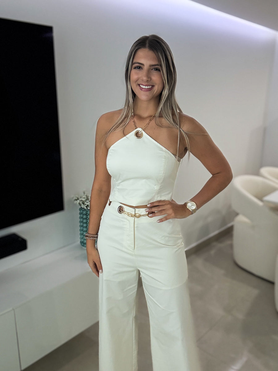 CREAM GOLD CHAIN ACCENT TOP & PANT SET