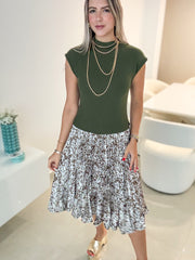 OLIVE PLEATED PRINTED DRESS