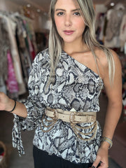 ONE SHOULDER SNAKE PRINT BLOUSE