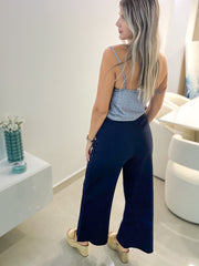 NAVY GOLD BUTTON DETAIL STRAIGHT-LEG PANTS