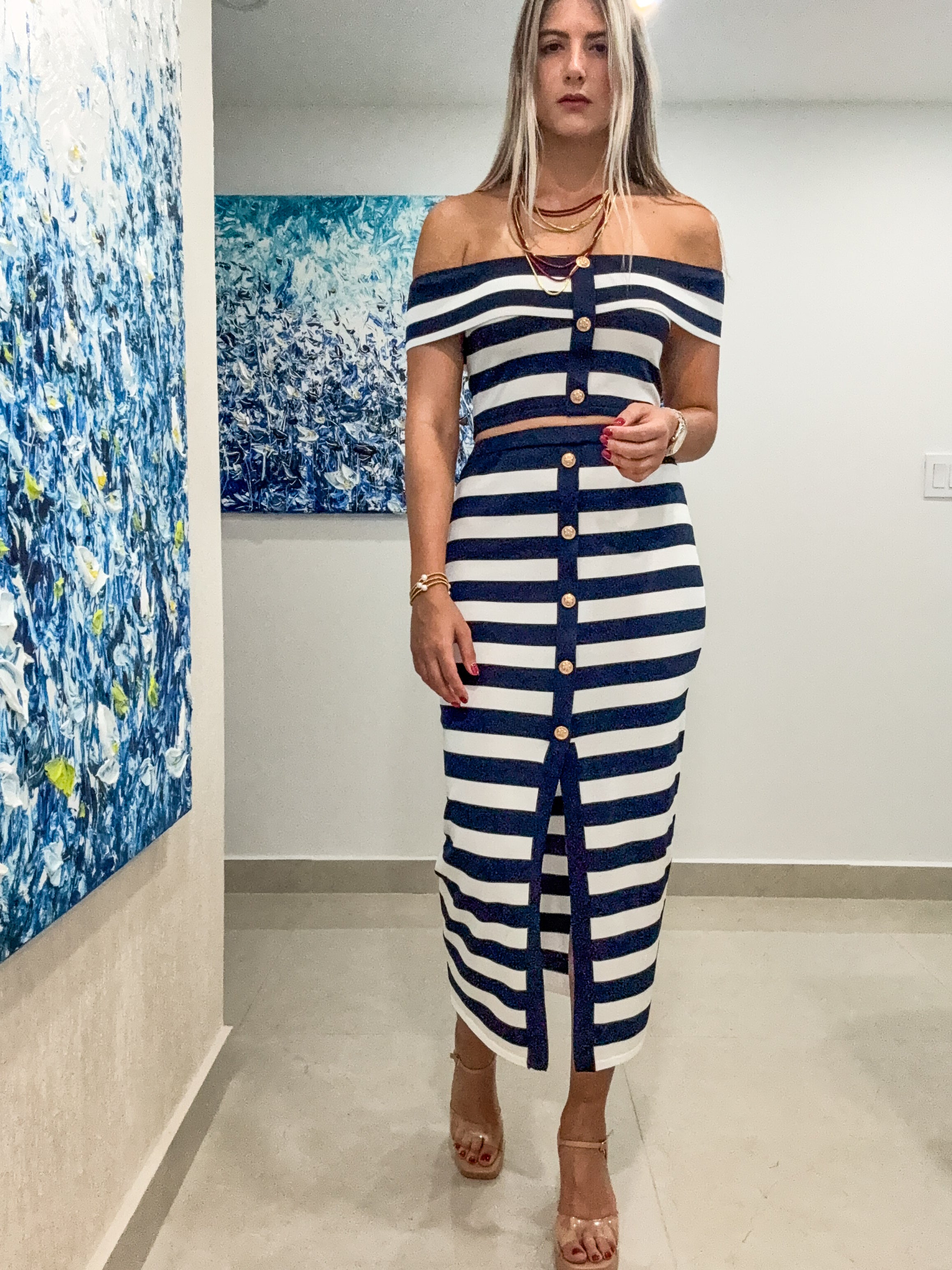 NAVY STRIPED KNITTED OFF SHOULDER TOP & SKIRT SET