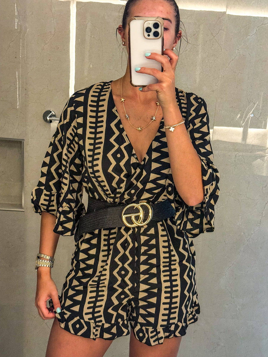 BLACK/TAUPE PRINTED ROMPER