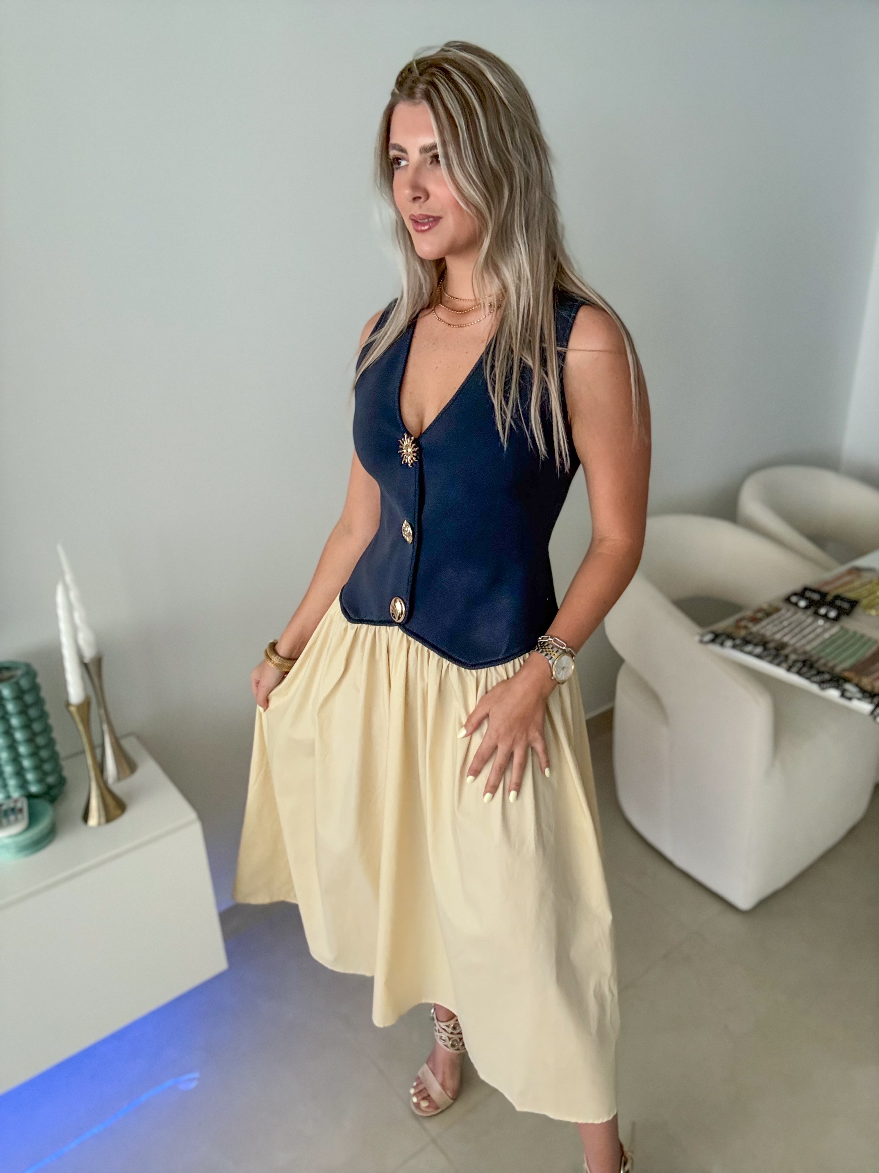 NAVY/SAND VEST MIDI DRESS