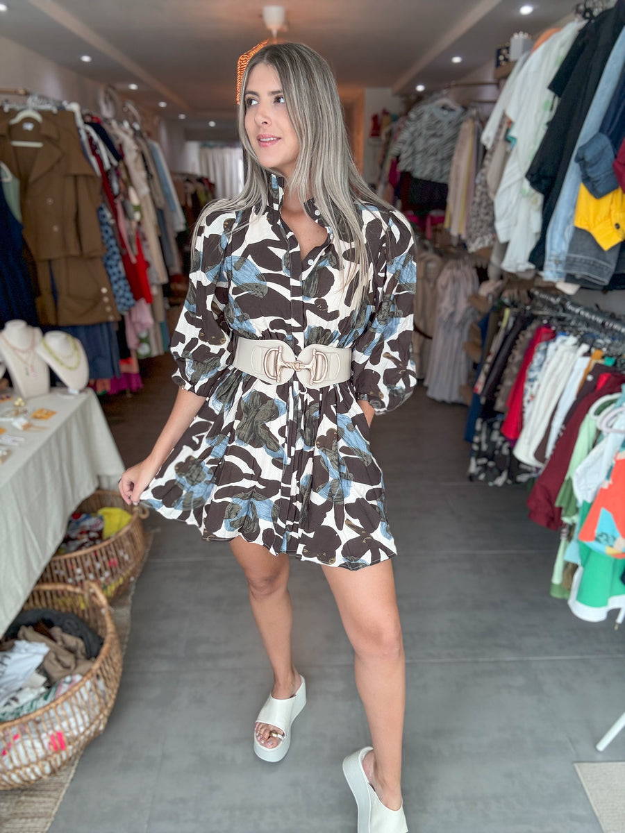 BLUE/BROWN PRINTED SHORT DRESS
