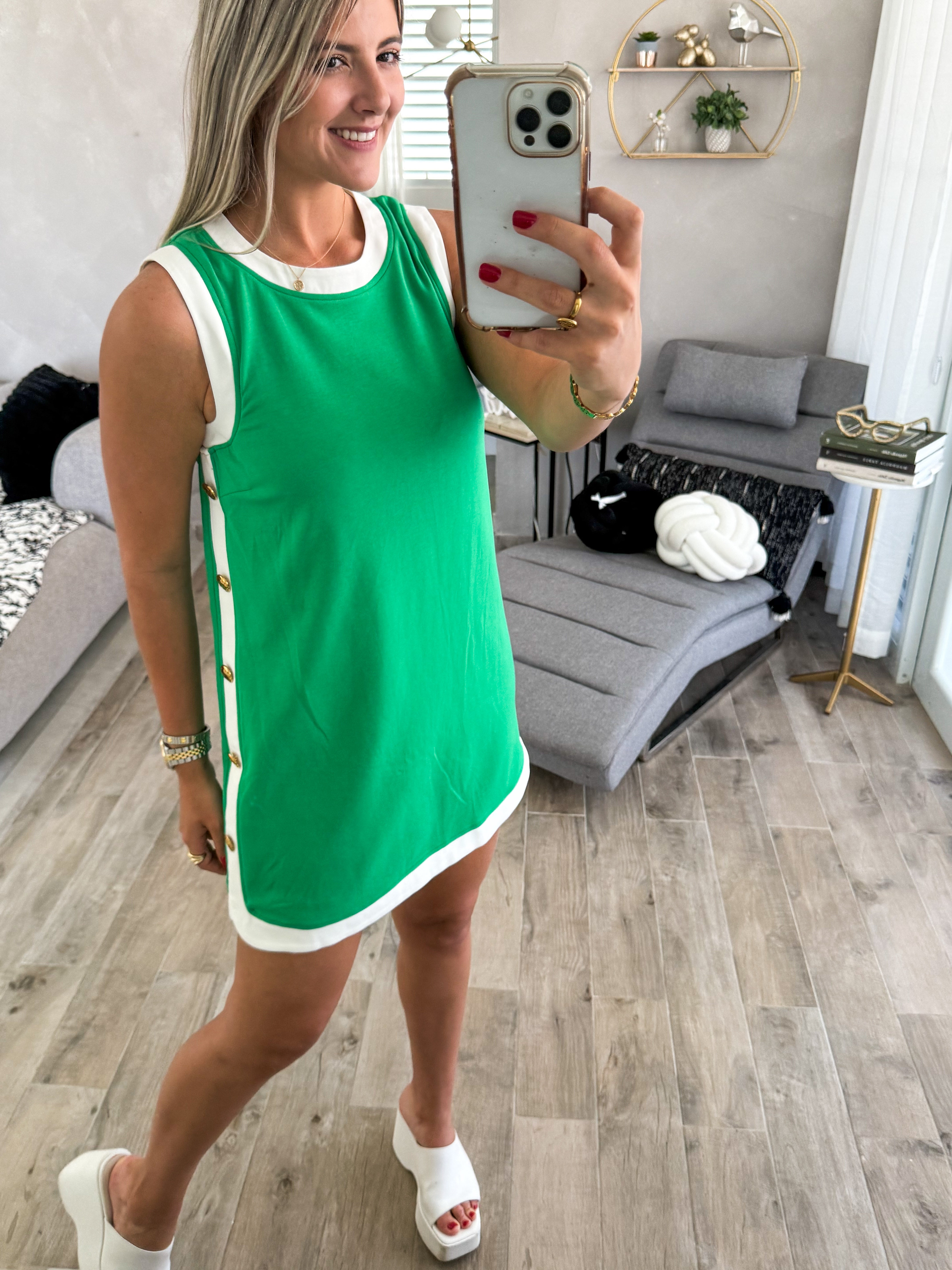 GREEN SIDE TRACK LINE STUDDED SHORT DRESS