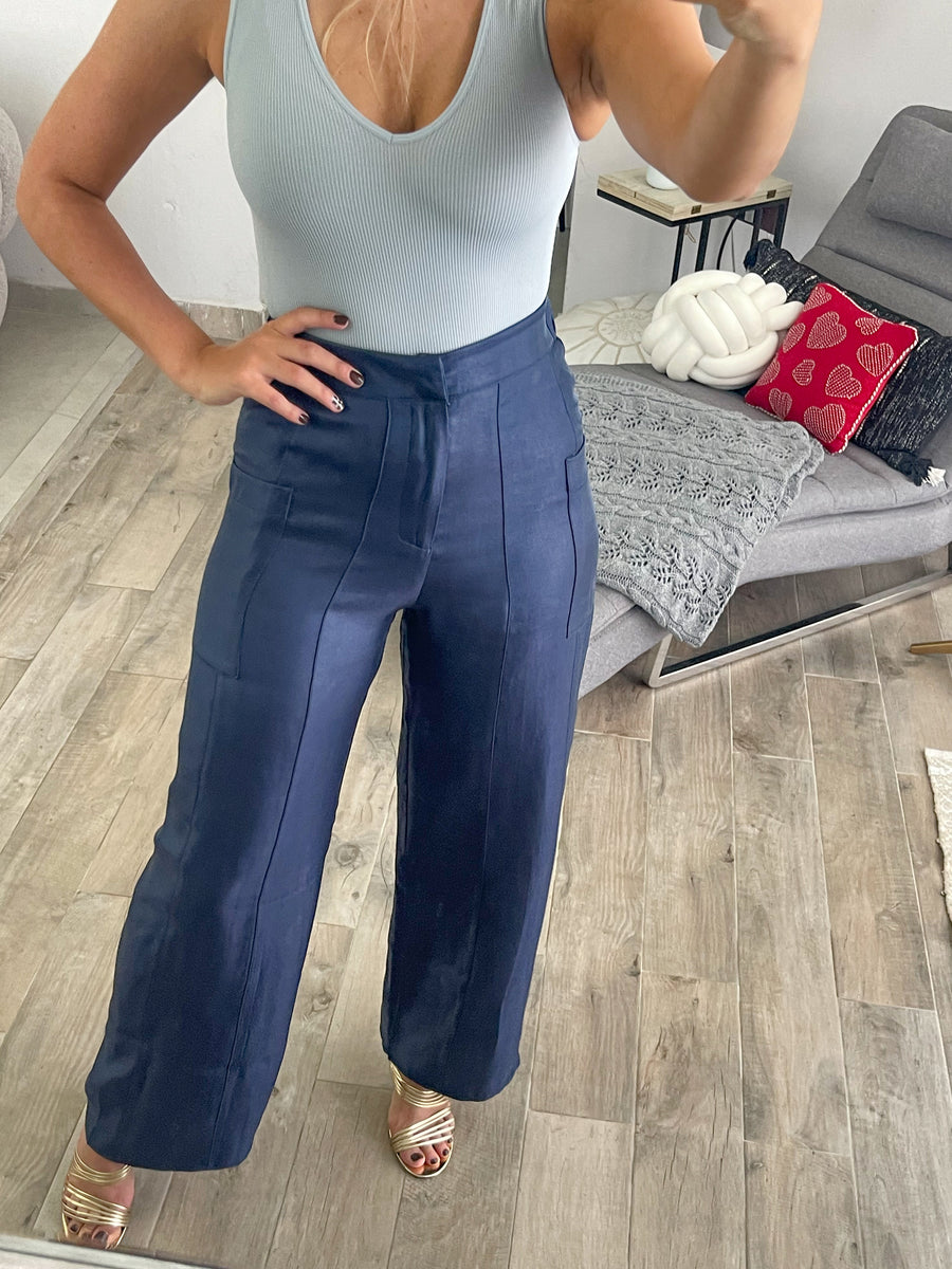 NAVY HIGH WAISTED SATIN LONG PANTS