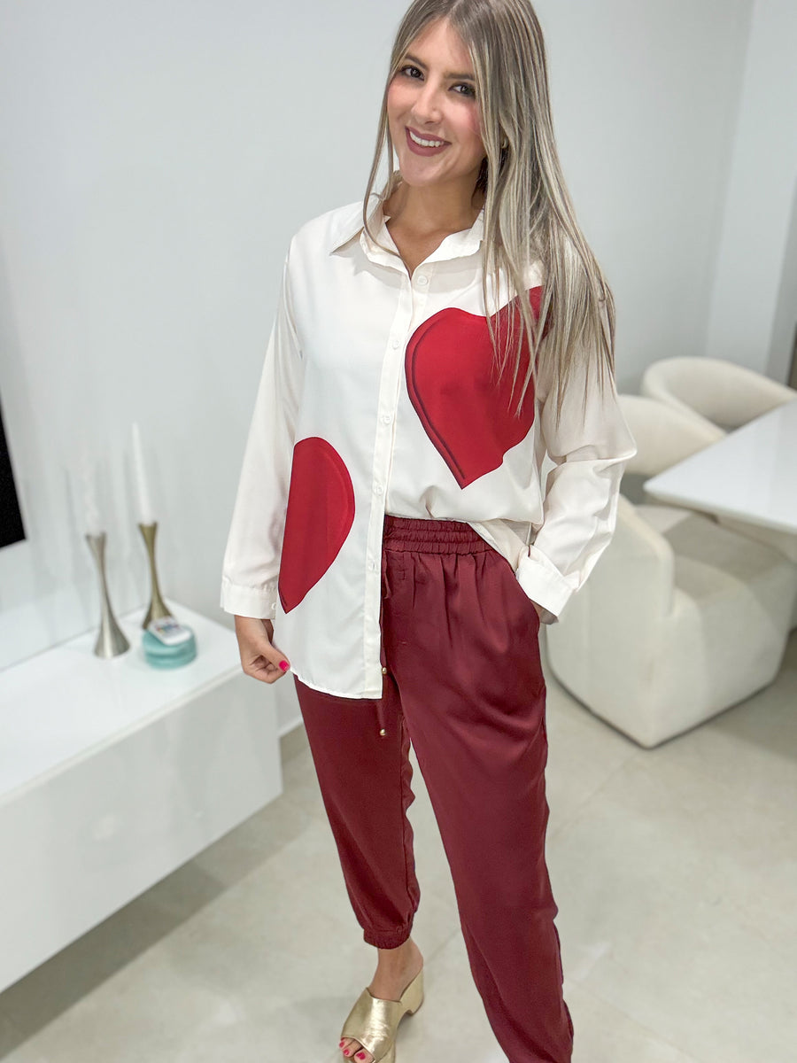 HEART PRINT BUTTON DOWN BLOUSE