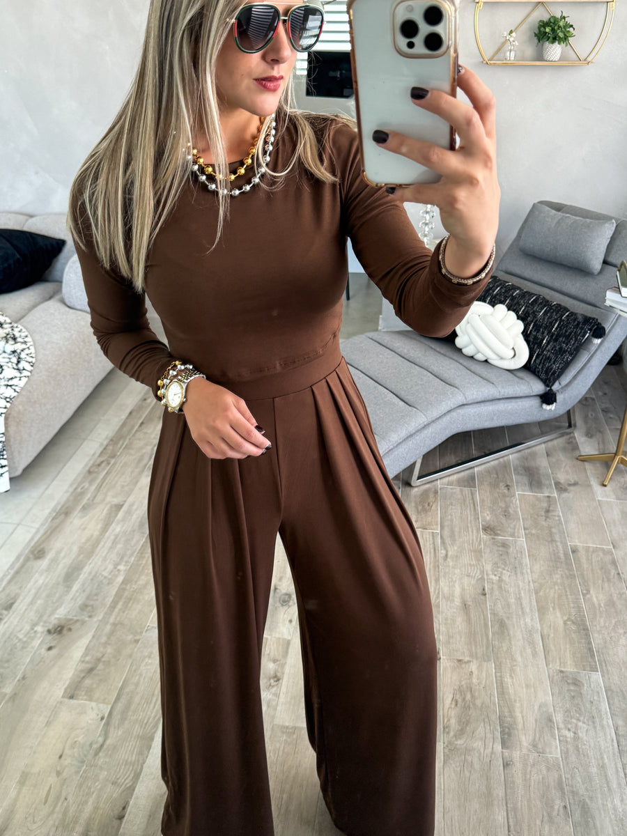 CHOCOLATE LONG SLEEVE CROP TOP & HIGH WAISTED PANT SET