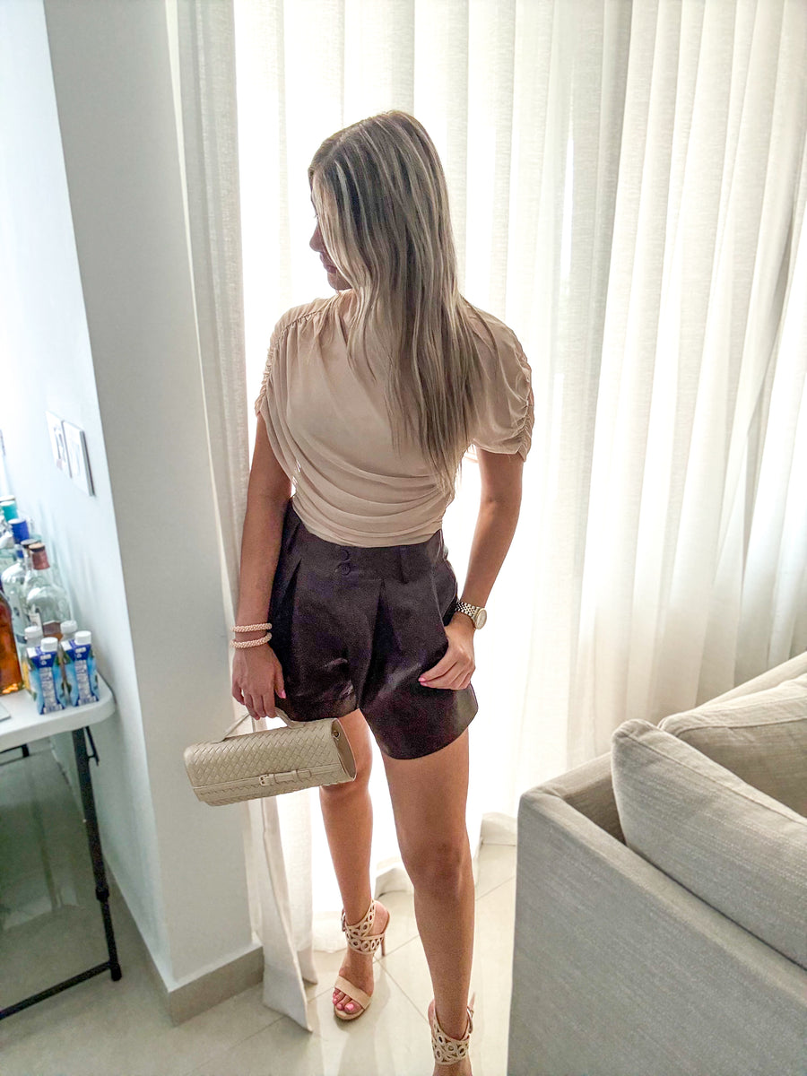 BROWN FAUX LEATHER SHORTS