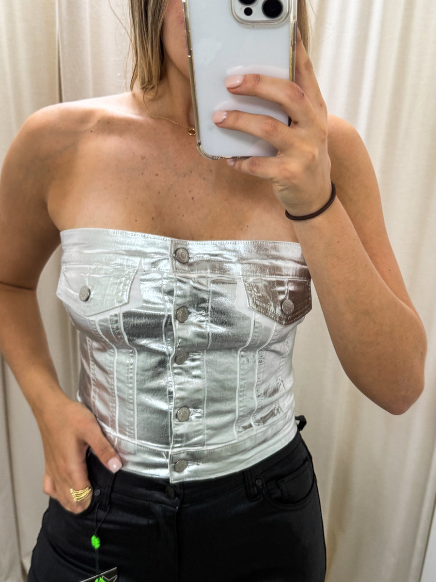 SILVER METALLIC STRAPLESS TOP