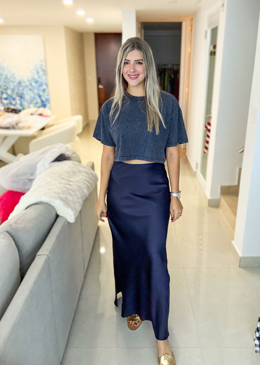 NAVY SATIN SKIRT