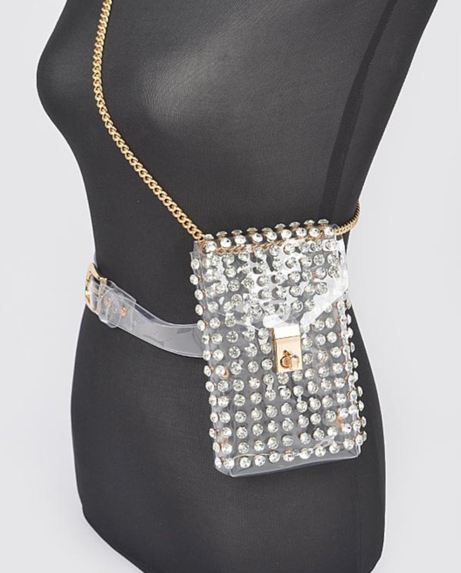 RHINESTONE BELT BAG W/CHAIN